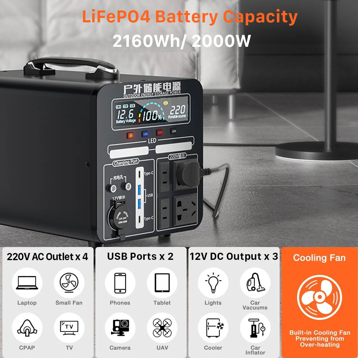 Portable Power Station 2000W Solar Electric Generator Fast Charging 220V Powerful Power Banks 2160Wh Lifepo4 Battery 12V DC