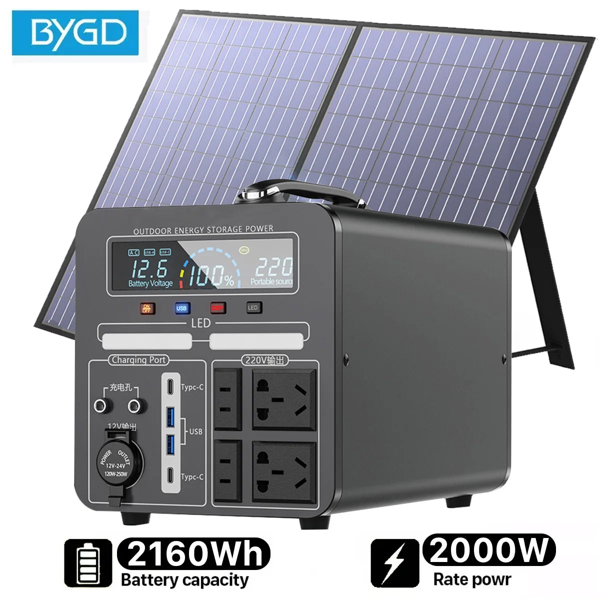 Portable Power Station 2000W Solar Electric Generator Fast Charging 220V Powerful Power Banks 2160Wh Lifepo4 Battery 12V DC