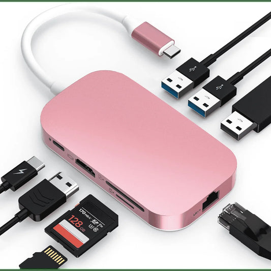 USB C Hub, 9-In-1 Type C Hub with Ethernet Port, 4K USB C to HDMI, 2 USB 3.0 Ports,1 USB 2.0 Port, SD/TF Card Reader